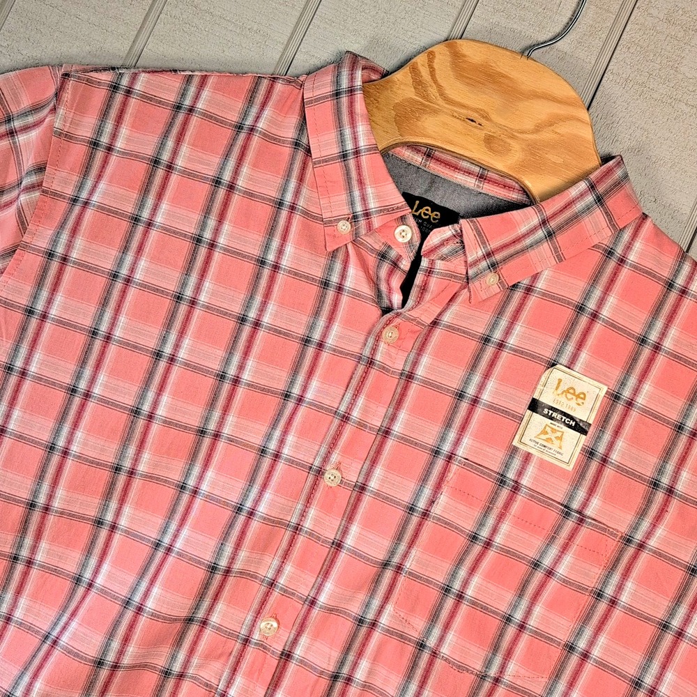 Lee Button Down Shirt‎ Men's Size XXL Plaid Pink Coral Cotton Stretch Living New